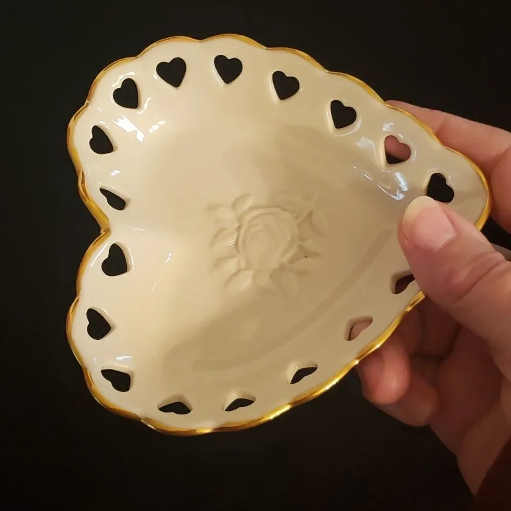 Small Vintage Lenox Heart Shaped Dish with Heart Shaped Cutouts Gold Trim